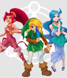 Rule 34 | 1boy, 2girls, blonde hair, blue dress, blue eyes, blue hair, boots, bracelet, din, dress, feathers, green headwear, green tunic, jewelry, link, long hair, looking at viewer, multiple girls, nayru, necklace, nintendo, pantyhose, pointy ears, ponytail, red eyes, red hair, sandals, sword, tan, the legend of zelda, the legend of zelda: oracle of ages, the legend of zelda: oracle of seasons, user tffd2482, weapon