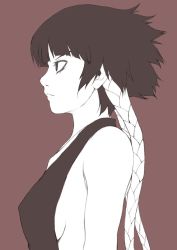 Rule 34 | 00s, 1girl, black eyes, black hair, bleach, breasts, monochrome, profile, short hair, short hair with long locks, sideboob, simple background, solo, sui-feng, third-party edit, twintails