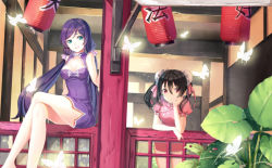 Rule 34 | 10s, 2girls, against railing, aqua eyes, black hair, breasts, bug, butterfly, china dress, chinese clothes, chinese lantern, cleavage, cleavage cutout, clothing cutout, covered navel, crossed legs, double bun, dress, duzie e, hair bun, hair ribbon, insect, lantern, leaning against railing, looking at viewer, love live!, love live! school idol festival, love live! school idol project, medium breasts, multiple girls, on railing, open mouth, paper lantern, purple hair, railing, red eyes, ribbon, sitting, tojo nozomi, twintails, yazawa nico