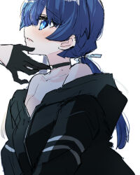 Rule 34 | 2girls, black choker, black gloves, black jacket, blue eyes, blue hair, blush, breasts, choker, collarbone, dark blue hair, dollchestra, gloves, hand on another&#039;s neck, highres, jacket, jacket partially removed, kanduki kamibukuro, light blush, link! like! love live!, long hair, long sleeves, looking at another, love live!, low ponytail, mole, mole on neck, multiple girls, murano sayaka, out of frame, parted lips, partially unzipped, revision, sketch, small breasts, unworn clothes, upper body, v arms, yugiri tsuzuri