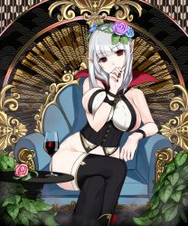 Rule 34 | 1girl, arm support, armchair, bare shoulders, black thighhighs, blue flower, blue rose, bottomless, breasts, chair, corset, covering own mouth, crossed legs, cup, drinking glass, flower, hair flower, hair ornament, head tilt, high collar, large breasts, looking at viewer, nail polish, nezuko, original, pink flower, pink rose, pointy ears, purple flower, purple rose, red eyes, red nails, rose, shingoku no valhalla gate, sideboob, silver hair, sitting, solo, thighhighs, vampire, wine glass