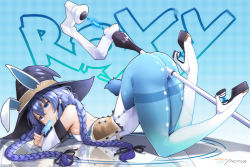 1girl animal_ears artist_name ass between_buttocks black_hat black_ribbon blue_background blue_eyes blue_hair blue_thighhighs boots braid breasts character_name commentary english_commentary english_text food full_body gradient_legwear hair_between_eyes hair_ribbon hat holding holding_food hot_vr long_hair lying mushoku_tensei on_stomach pixiv_username popsicle rabbit_ears reflection ribbon roxy_migurdia small_breasts solo staff thigh_boots thighhighs thighs twin_braids twintails white_footwear white_thighhighs witch_hat