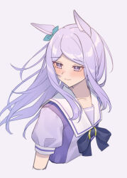 Rule 34 | 1girl, absurdres, animal ears, aqua bow, blush, bow, closed mouth, commentary request, ear bow, grey background, highres, horse ears, horse girl, isana615, long hair, looking to the side, mejiro mcqueen (umamusume), puffy short sleeves, puffy sleeves, purple bow, purple eyes, purple hair, purple shirt, sailor collar, school uniform, shirt, short sleeves, simple background, solo, summer uniform, tracen school uniform, umamusume, upper body