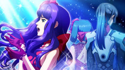 Rule 34 | 1boy, 2girls, ahoge, back bow, back cutout, blue eyes, blue hair, bow, bracelet, clothing cutout, dress, from side, game cg, gloves, green hair, hair bow, hair ornament, jewelry, long hair, macross, macross frontier, multiple girls, music, official art, open mouth, pilot suit, ponytail, purple hair, ranka lee, saotome alto, sheryl nome, short hair, singing, sleeveless, sleeveless dress, uta macross sumaho deculture, wavy hair