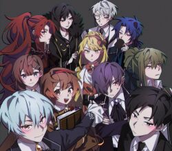 Rule 34 | 5boys, 6+girls, ahoge, angela (project moon), ascot, belt, binah (project moon), black ascot, black belt, black coat, black dress, black eyes, black hair, black jacket, black necktie, blonde hair, blue hair, brooch, brown eyes, brown hair, brown jacket, chesed (project moon), chromatic aberration, closed mouth, coat, collared shirt, commentary, commentary request, dress, english commentary, film grain, folded ponytail, formal, frown, fur-trimmed coat, fur trim, gebura (project moon), green eyes, green hair, grey background, grey hair, hair ornament, hair ribbon, hairband, hairclip, highres, hod (project moon), hokma (project moon), jacket, jewelry, library of ruina, light blue hair, long hair, long sleeves, malkuth (project moon), monocle, multiple belts, multiple boys, multiple girls, neck ribbon, necktie, netzach (project moon), open clothes, open coat, open mouth, orange brooch, orange dress, orange hairband, orange ribbon, ponytail, project moon, purple brooch, purple hair, red brooch, red hair, red hairband, red jacket, ribbon, roland (project moon), scar, scar across eye, shirt, short hair, simple background, single sidelock, smile, solo a, suit, sweat, teeth, tiphereth a (project moon), upper teeth only, white shirt, yellow brooch, yellow coat, yesod (project moon)