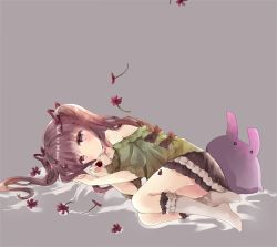 Rule 34 | 1girl, bad id, bad pixiv id, black bow, black skirt, blush, bow, brown eyes, brown flower, brown hair, closed mouth, collarbone, commentary request, flower, frilled skirt, frilled socks, frills, green shirt, grey background, hair ribbon, highres, holding, kneehighs, long hair, lying, no shoes, off-shoulder shirt, off shoulder, on side, original, petals, puffy short sleeves, puffy sleeves, red ribbon, ribbon, shirt, short sleeves, skirt, socks, solo, stuffed animal, stuffed rabbit, stuffed toy, tsukiyo (skymint), twintails, white socks