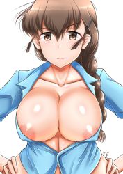 Rule 34 | 1girl, areola slip, blouse, blue shirt, braid, braided ponytail, breasts, brown eyes, brown hair, cleavage, collarbone, collared shirt, covered erect nipples, dated, frown, girls und panzer, hair ornament, hairclip, hands on own hips, highres, io-catalyst, large breasts, looking at viewer, navel, open clothes, open shirt, ponytail, rukuriri (girls und panzer), shiny skin, shirt, simple background, single braid, solo, upper body, white background