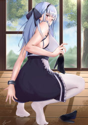 Rule 34 | 1girl, absurdres, apron, ass, azur lane, black dress, black footwear, black ribbon, blunt bangs, blush, bracelet, breasts, closed mouth, commentary, day, dido (azur lane), dress, error1945, frilled apron, frills, from behind, full body, grey hair, hair ribbon, high heels, highres, holding, holding shoes, indoors, jewelry, large breasts, long hair, looking at viewer, looking back, maid apron, maid headdress, pantyhose, purple eyes, ribbon, shoes, unworn shoes, signature, sleeveless, sleeveless dress, smile, solo, squatting, tiptoes, white apron, white pantyhose, window, wooden floor