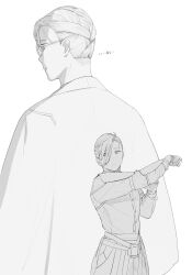 Rule 34 | 1boy, absurdres, arm guards, asymmetrical bangs, dentooo0, fate/grand order, fate (series), glasses, greyscale, hair over one eye, hakama, highres, japanese clothes, long sleeves, looking at viewer, looking away, male focus, monochrome, multiple views, nape, outstretched arm, shirt, simple background, updo, yamanami keisuke (fate)