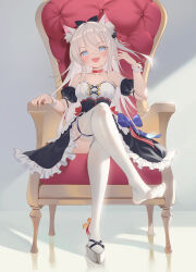 Rule 34 | 1girl, :d, absurdres, american flag, american flag bow, animal ears, apron, azur lane, bare shoulders, black dress, blue eyes, blush, breasts, cat ears, cat girl, cat hair ornament, collar, corset, cross-laced clothes, cross-laced dress, detached sleeves, dress, fang, frilled dress, frills, full body, garter straps, hair ornament, hammann (azur lane), hand up, highres, leg up, legs, long hair, open mouth, red collar, shoes, single shoe, sitting, small breasts, smile, smug, solo, star (symbol), star button, strapless, strapless dress, thighhighs, thighs, upskirt, very long hair, waist apron, white apron, white hair, wrist cuffs, zzo (chorizzzzo)