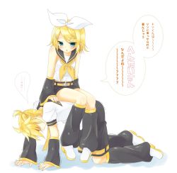 Rule 34 | 1boy, 1girl, all fours, amane (amnk1213), aqua eyes, blonde hair, blue eyes, bow, brother and sister, detached sleeves, hair bow, hair ornament, hairclip, half-closed eyes, highres, kagamine len, kagamine rin, leg warmers, looking down, necktie, pigeon-toed, prostration, sailor collar, shaded face, short hair, short ponytail, shorts, siblings, sitting, sitting on person, speech bubble, translation request, trembling, twins, vocaloid, yellow necktie