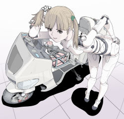 Rule 34 | 1girl, black eyes, blonde hair, cyborg, highres, holding, holding own hair, kickstand, leaning forward, looking at viewer, motor vehicle, motorcycle, original, smile, solo, sukabu, twintails