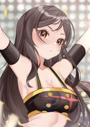 Rule 34 | 1girl, absurdres, armband, armpits, arms up, black armband, black shirt, blurry, blurry background, blush, breasts, brown eyes, brown hair, buttons, cleavage, closed mouth, collarbone, commentary, crop top, highres, idolmaster, idolmaster (classic), idolmaster million live!, idolmaster million live! theater days, idolmaster movie, kitazawa shiho, large breasts, long hair, looking at viewer, midriff, mou niu, shirt, sidelocks, solo, stage, upper body, v-shaped eyebrows