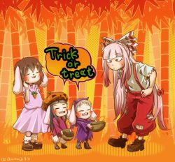 Rule 34 | 4girls, :3, ^ ^, animal ears, bamboo, bamboo forest, basket, bat wings, black hair, blunt bangs, blush stickers, bow, brown hair, buck teeth, burnt clothes, carrot necklace, chamaji, cloak, closed eyes, commentary request, dress, english text, forest, fujiwara no mokou, grey hair, hair bow, halloween, halloween costume, hands on own hips, hime cut, hood, hooded cloak, horns, inaba mob (touhou), inaba tewi, jack-o&#039;-lantern, jewelry, leaf, long hair, mary janes, multiple girls, nature, necklace, ofuda, open mouth, outdoors, outstretched arms, pants, pink dress, rabbit ears, red eyes, shoes, short hair, short sleeves, socks, speech bubble, suspenders, sweat, teeth, touhou, trick or treat, twitter username, very long hair, wings