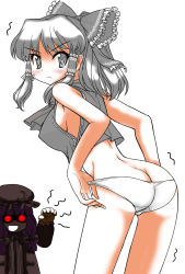 Rule 34 | 2girls, alternate color, ass, back, blush, bow, breasts, butt crack, colorized, covered erect nipples, crescent, female focus, from behind, frown, grey eyes, hair bow, hair tubes, hakurei reimu, hat, highres, looking at viewer, looking back, m.u.g.e.n, mono (moiky), multiple girls, no pants, panties, panty pull, patchouli knowledge, purple hair, sideboob, sleeveless, spii (esupi2), standing, sweatdrop, touhou, trembling, underwear, white hair, white panties