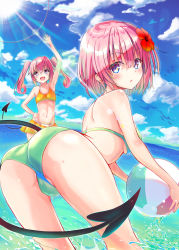 Rule 34 | 2girls, absurdres, arm up, ass, ball, bare back, bare shoulders, beach, beachball, bent over, bikini, bikini skirt, breasts, cloud, day, flower, from behind, green bikini, hair flower, hair ornament, hand on own hip, highres, light rays, long hair, looking back, momo velia deviluke, multiple girls, nana asta deviluke, navel, ocean, open mouth, outdoors, pink eyes, short hair, siblings, sideboob, sisters, sky, small breasts, smile, sun, swimsuit, tail, thighs, to love-ru, to love-ru darkness, toshizou (0714), twins, twintails, wading, water, waving, yellow bikini
