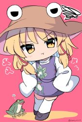 Rule 34 | 1girl, :t, ?, animal print, blonde hair, brown headwear, chibi, closed mouth, commentary, frog, frog print, full body, hands on own hips, highres, long sleeves, looking at viewer, moriya suwako, pink background, pout, purple footwear, purple skirt, purple vest, ramudia (lamyun), shirt, short hair, sidelocks, simple background, skirt, solo, squiggle, standing, symbol-only commentary, touhou, twitter username, vest, white legwear, white shirt, wide sleeves, yellow eyes