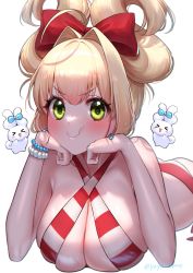 Rule 34 | &gt; &lt;, 1girl, absurdres, ahoge, alternate hairstyle, ass, bikini, blonde hair, blush, bow, bracelet, breasts, cinnamiku hairstyle, cinnamoroll, cleavage, criss-cross halter, ear bow, earrings, fate/grand order, fate (series), green eyes, hair bow, hair ribbon, halterneck, hands on own face, head rest, highres, jewelry, large breasts, nero claudius (fate), nero claudius (fate) (all), nero claudius (swimsuit caster) (fate), puffy cheeks, red bikini, red ribbon, ribbon, sanrio, simple background, skindentation, sling bikini top, smile, striped bikini, striped clothes, swimsuit, white background, white bikini, yayoi maka