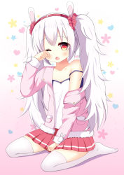 Rule 34 | 1girl, ;o, absurdres, animal ears, arm up, azur lane, bare shoulders, blush, breasts, camisole, cleavage, collarbone, commentary request, full body, gradient background, hair between eyes, hairband, heart, highres, jacket, laffey (azur lane), long hair, long sleeves, looking at viewer, no shoes, off shoulder, one eye closed, open mouth, pink background, pink jacket, pleated skirt, rabbit ears, red eyes, red hairband, red skirt, rubbing eyes, seiza, silver hair, sitting, skirt, small breasts, solo, star (symbol), strap slip, tears, thighhighs, twintails, very long hair, white background, white camisole, white thighhighs, xiaosamiao