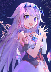 Rule 34 | 1girl, :d, absurdres, crystal, dress, grey hair, highres, hololive, hololive english, jewelry, koseki bijou, koseki bijou (1st costume), kouhiipan, long hair, looking at viewer, open mouth, own hands clasped, own hands together, purple eyes, simple background, smile, solo, virtual youtuber, white dress, wings