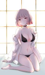 Rule 34 | 1girl, absurdres, arm support, backlighting, bad id, bad pixiv id, bikini, bikini under clothes, black bikini, blush, breasts, chinese commentary, choker, cleavage, collarbone, commentary request, day, dress shirt, eyelashes, female commander (girls&#039; frontline), full body, gentiane (girls&#039; frontline), girls&#039; frontline, gradient hair, hand up, highres, indoors, legs, looking at viewer, medium breasts, medium hair, mican12996453, multicolored hair, navel, off shoulder, on floor, partially undressed, pink hair, red eyes, red hair, shirt, sitting, solo, sunlight, swimsuit, thighs, tsurime, white shirt, window