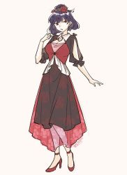 Rule 34 | 1girl, adapted costume, black dress, collared dress, dated, dress, full body, hair ornament, high heels, highres, leaf hair ornament, mirror, open mouth, purple hair, red dress, red eyes, red footwear, shikido (khf), short hair, signature, solo, touhou, yasaka kanako