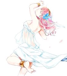 Rule 34 | 1girl, absurdres, anklet, armpits, back, bad id, bad pixiv id, barefoot, bracelet, breasts, closed eyes, comaco, dancing, dress, feet, flower, hair flower, hair ornament, harem outfit, highres, jewelry, magi the labyrinth of magic, morgiana, red hair, see-through, sideboob, simple background, soles, solo, toe scrunch, toes, veil