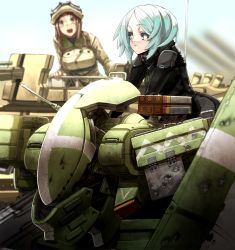 Rule 34 | 2girls, bad id, bad pixiv id, blue hair, blurry, bodysuit, brown hair, bullet hole, commentary, damaged, depth of field, goggles, goggles on head, gradient background, gun, helmet, looking at another, machine gun, mecha, military, military uniform, multiple girls, open mouth, original, pilot, robot, sunlight, surprised, tef, uniform, upper body, weapon