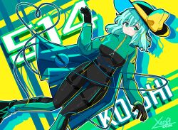 Rule 34 | 1girl, absurdres, aqua hair, black hat, blush, bodysuit, bow, breasts, bright pupils, cloak, closed mouth, dutch angle, eyeball, feet out of frame, green cloak, hat, hat bow, hat ribbon, heart, heart of string, highres, komeiji koishi, light green hair, looking to the side, medium breasts, medium hair, ribbon, smile, solo, third eye, touhou, turtleneck, white pupils, wide hips, xen0moonz, yellow bow, yellow ribbon