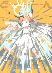 Rule 34 | 2girls, absurdres, barefoot, blue eyes, blue hair, child, closed mouth, commentary request, dress, expressionless, halo, highres, looking at viewer, multiple girls, nico-tine, orange background, orange hair, original, outstretched arms, red eyes, short hair, short sleeves, simple background, toes, white dress, wings