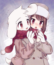 Rule 34 | 1boy, 1other, animal ears, asriel dreemurr, blush, bob cut, breath, breathing on hands, brown coat, brown hair, brown pants, chara (undertale), coat, crosshatching, fangs, fur trim, furry, furry male, gradient background, hands up, hat, hatching (texture), highres, leftporygon, looking at another, looking at hands, open mouth, orange eyes, pants, red eyes, red scarf, scarf, shared clothes, shared scarf, short hair, simple background, skin fangs, smile, steam, swept bangs, tail, tareme, teeth, tsurime, undertale, upper body, upper teeth only, w arms, white fur, winter clothes