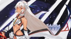 Rule 34 | 10s, 1girl, altera (fate), aruto2498, bare hips, bare shoulders, blunt bangs, breasts, choker, closed mouth, collarbone, dark-skinned female, dark skin, detached sleeves, fate/extella, fate/extra, fate/grand order, fate (series), full-body tattoo, headdress, hip focus, holding, holding weapon, jewelry, midriff, navel, photon ray (fate), pubic tattoo, red eyes, revealing clothes, short hair, showgirl skirt, skirt, small breasts, solo, stomach, stomach tattoo, striped, striped background, tan, tattoo, upper body, veil, weapon, white hair