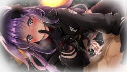 Rule 34 | 1boy, 1girl, :d, arknights, asana tsukune, black gloves, blue eyes, blush, cowgirl position, cum, cum overflow, female pubic hair, finger to mouth, gloves, hetero, highres, jacket, long hair, looking at viewer, open mouth, penis, pubic hair, purple hair, rope (arknights), sex, shushing, smile, straddling