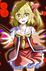 Rule 34 | 1girl, ascot, blonde hair, blood, commentary, crystal, dress, empty eyes, flandre scarlet, hair between eyes, hair ribbon, highres, manekinekoppoi inu, outstretched arms, pointy ears, red dress, red eyes, ribbon, spread arms, tagme, touhou, vampire, wings, yellow ascot