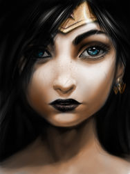 Rule 34 | 1girl, amazon warrior, black hair, black lips, blue eyes, dc comics, donna troy, lipstick, makeup, portrait, solo, star (symbol), tiara, wonder woman, wonder woman (series)