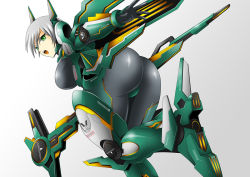 Rule 34 | 1girl, armor, ass, bodysuit, breasts, from behind, gatakk, gloves, green eyes, large breasts, leaning, leaning forward, looking at viewer, looking back, mecha musume, open mouth, original, shiny clothes, short hair, sideboob, silver hair, solo, weapon