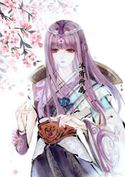Rule 34 | 1girl, absurdres, artist request, asymmetrical sleeves, branch, bug, butterfly, closed mouth, expressionless, falling petals, hair ornament, highres, insect, long hair, mouth veil, petals, purple eyes, purple hair, qinshi mingyue, sash, second-party source, shao siming (qin shi ming yue), single hair ring, solo, upper body, veil, white background