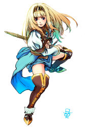 Rule 34 | 1girl, alicia, alicia (valkyrie profile 2), blonde hair, blue eyes, boots, fighting stance, hairband, long hair, oshare kyoushitsu, overskirt, princess, puffy sleeves, ready to draw, sheath, sheathed, silmeria, skirt, solo, sword, thigh boots, thighhighs, valkyrie profile (series), valkyrie profile 2: silmeria, weapon, zettai ryouiki