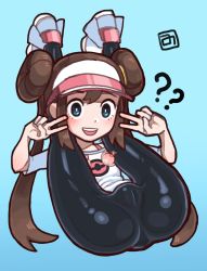 Rule 34 | 333minutes, ?, ??, ass, black leggings, blue background, blue eyes, brown hair, cameltoe, cleft of venus, creatures (company), double bun, double v, full body, game freak, hair bun, highres, leggings, legs over head, legs up, long hair, nintendo, open mouth, pokemon, pokemon bw2, rosa (pokemon), shiny clothes, sidelocks, simple background, teeth, thighs, twintails, upper teeth only, v, visor cap