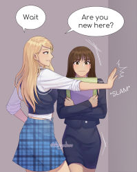 Rule 34 | 2girls, absurdres, black jacket, black skirt, blonde hair, blue skirt, book, breasts, brown eyes, brown hair, commentary, earrings, english commentary, english text, frown, green eyes, hair ornament, hairclip, hand on wall, highres, jacket, jewelry, liuchuu, long hair, mamamoo, medium breasts, miniskirt, mole, mole under eye, moonbyul (mamamoo), multiple girls, pencil skirt, plaid, plaid skirt, real life, school uniform, skirt, sleeves rolled up, smile, sweater vest, twitter username, unmoving pattern, wheein (mamamoo)