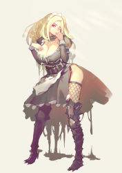 Rule 34 | 1girl, absurdres, armored boots, blonde hair, boots, breasts, cleavage, cleavage cutout, clothing cutout, collar, collarbone, fishnet thighhighs, fishnets, garter straps, hand on own chest, hand on own chin, highres, large breasts, long hair, luviantree, maid, maid headdress, overlord (maruyama), puffy sleeves, side slit, solo, solution epsilon, thighhighs, thighs