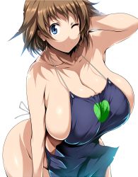 Rule 34 | 10s, 1girl, apron, blue eyes, breasts, brown hair, cleavage, curvy, gundam, gundam build divers, highres, huge breasts, leaning forward, looking at viewer, naked apron, nanase nanami (gundam build divers), one eye closed, short hair, smile, solo, thick thighs, thighs, tsukasawa takamatsu, wide hips