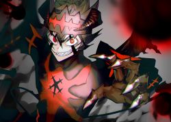 Rule 34 | absurdres, angry, armor, asta (black clover), black armor, black claws, black clover, black headwear, black horns, black wings, frit 2, headband, highres, horns, outstretched hand, red eyes, sharp teeth, shoulder armor, smile, spiked hair, spikes, spoilers, sword, teeth, weapon, wings