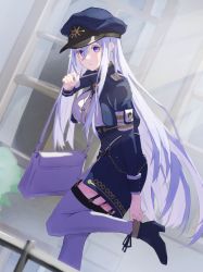 Rule 34 | 1girl, 86 -eightysix-, absurdres, armband, bag, breasts, garter straps, hat, highres, holding, holding bag, hore (user frns7872), leaning forward, looking at viewer, medium breasts, military, military hat, military uniform, purple eyes, thighhighs, uniform, vladilena millize, white hair, white thighhighs
