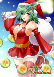 Rule 34 | 1990s (style), 1girl, bag, breasts, christmas, cleavage, covered erect nipples, female focus, final fantasy, final fantasy iv, green hair, heart, large breasts, magic, aged up, rydia (ff4), sack, santa costume, solo, thighhighs, yasakani an