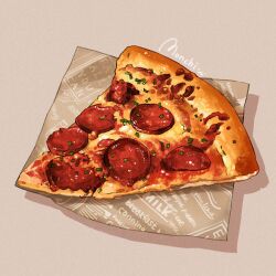 Rule 34 | english text, food, food focus, monchi (dldrmfi), no humans, original, paper, pepperoni, pizza, pizza slice, shadow, signature, simple background, still life
