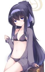 Rule 34 | 1girl, :o, bikini, black bikini, black hair, blue archive, blue bow, blue hairband, blush, bow, breasts, commentary request, fuuna, grey jacket, hair between eyes, hair bow, hairband, halo, highres, jacket, long hair, long sleeves, looking at viewer, medium breasts, navel, o-ring, o-ring bikini, o-ring bottom, o-ring top, open clothes, open jacket, parted lips, ponytail, puffy long sleeves, puffy sleeves, simple background, sleeves past wrists, solo, swimsuit, ui (blue archive), ui (swimsuit) (blue archive), very long hair, white background