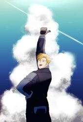 Rule 34 | 1boy, absurdres, blonde hair, closed eyes, cloud, cloudy sky, cowboy shot, facial hair, fle0423, from behind, gloves, goodbye, hand on own hip, happy, highres, lewis smith, male focus, shadow, sideburns stubble, sky, solo, spoilers, standing, stubble, sunlight, thick eyebrows, thumbs up, yuuki bakuhatsu bang bravern