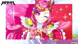 Rule 34 | 1girl, ;), artist request, asobe iroha, breasts, cape, detached sleeves, drill hair, earrings, hand up, highres, jewelry, looking at viewer, magical girl, magicami, medium breasts, official art, official wallpaper, one eye closed, pink eyes, pink hair, smile, twin drills