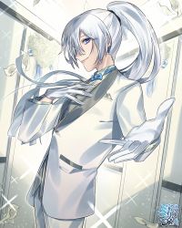 Rule 34 | 1boy, bad id, bad pixiv id, blue neckwear, bow, bowtie, copyright name, cowboy shot, formal, gloves, hair between eyes, hand up, indoors, long hair, male focus, official art, omc, outstretched hand, ponytail, smile, standing, suit, watermark, white gloves, white hair, white suit, white theme, wreath, yoshitatsu